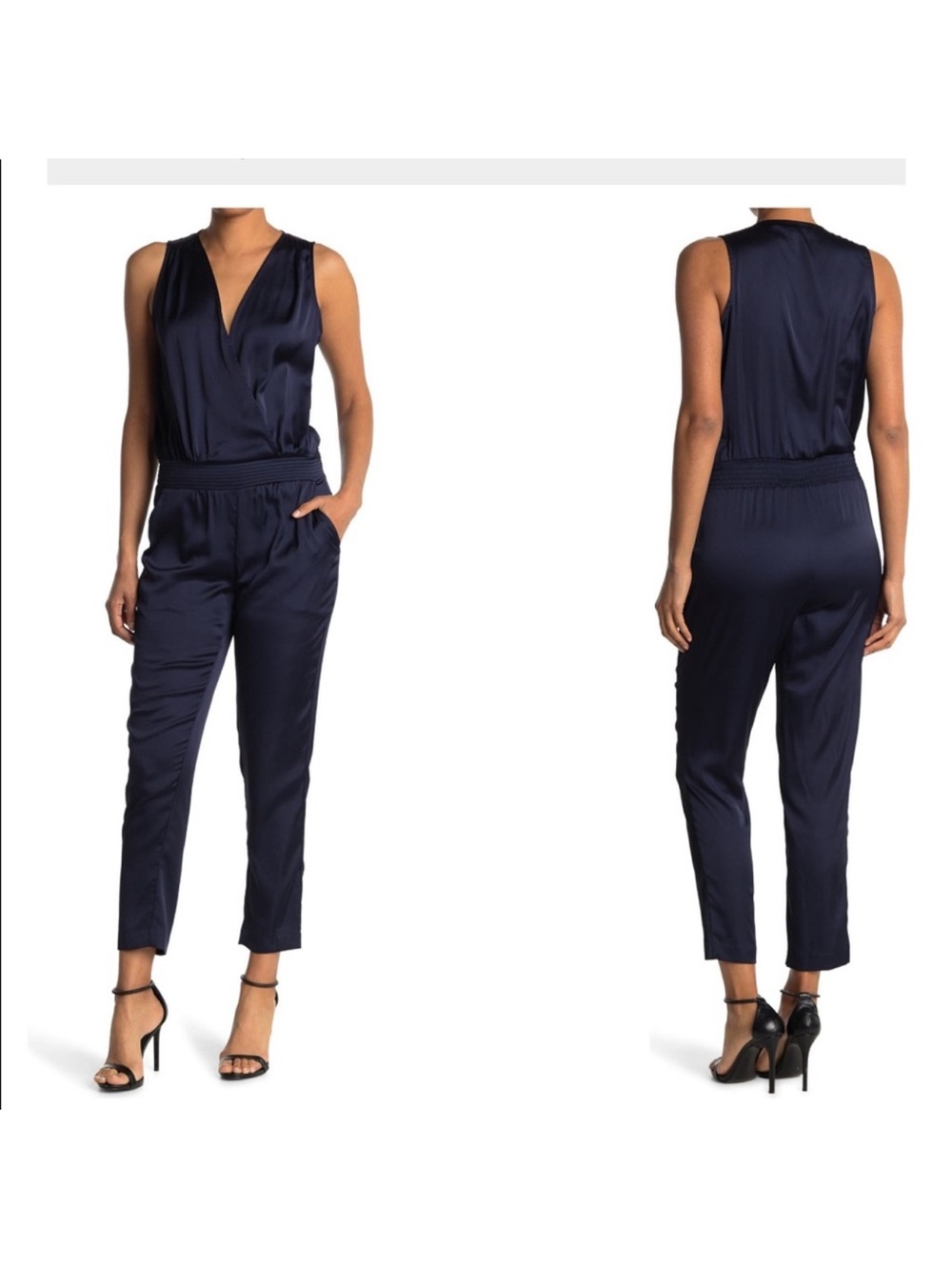 Ramy Brook Navy Satin V-Neck Sleeveless Jumpsuit